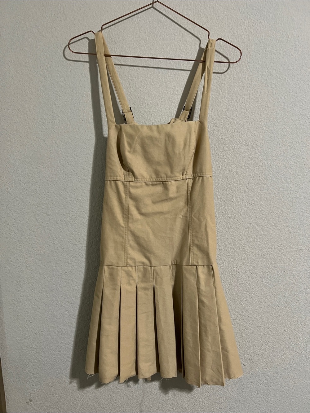 Divided Beige Pleated Strap Mini Dress